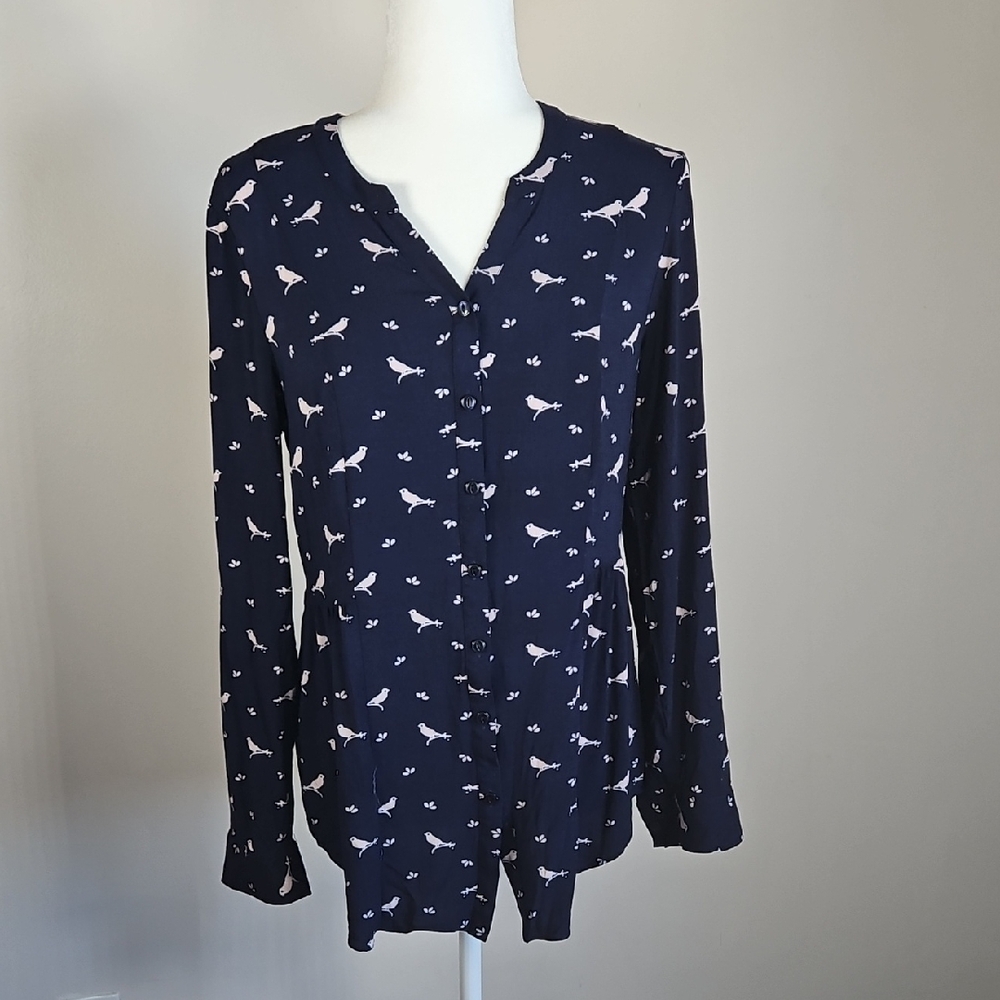 Modcloth M Trusty Traveler Bird Print Button Blouse Gathered Tie Back Prairie